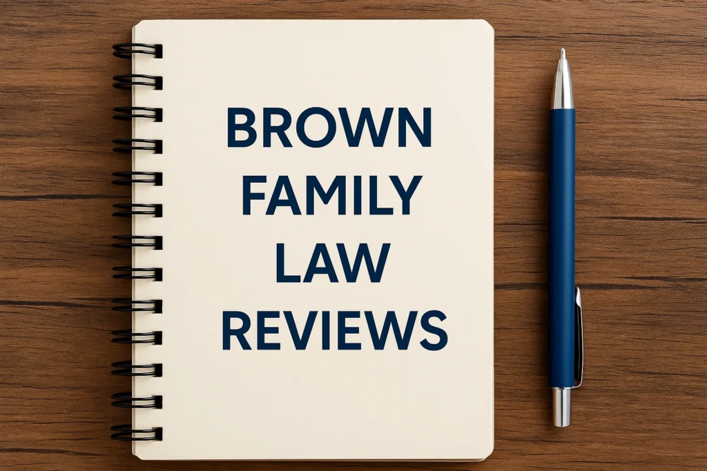 Notebook with text “Brown Family Law Reviews” next to a blue pen on a wooden table