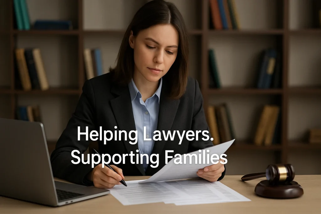 Family law paralegal reviewing legal documents at her desk