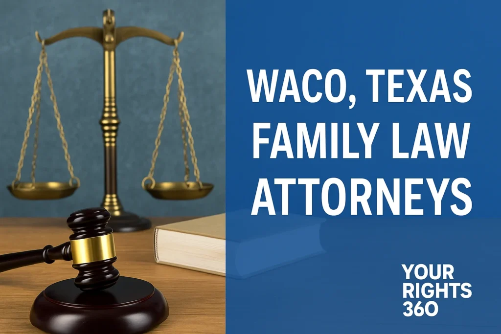 Gavel, justice scales, and book with bold text reading Waco Texas Family Law Attorneys