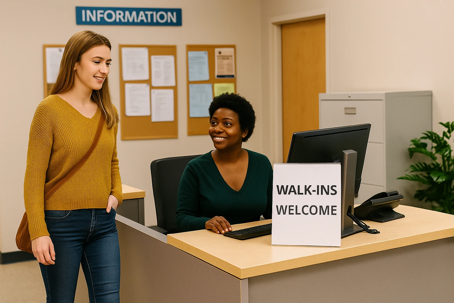 A welcoming reception area of a legal center showing staff helping a walk-in visitor without an appointment.
