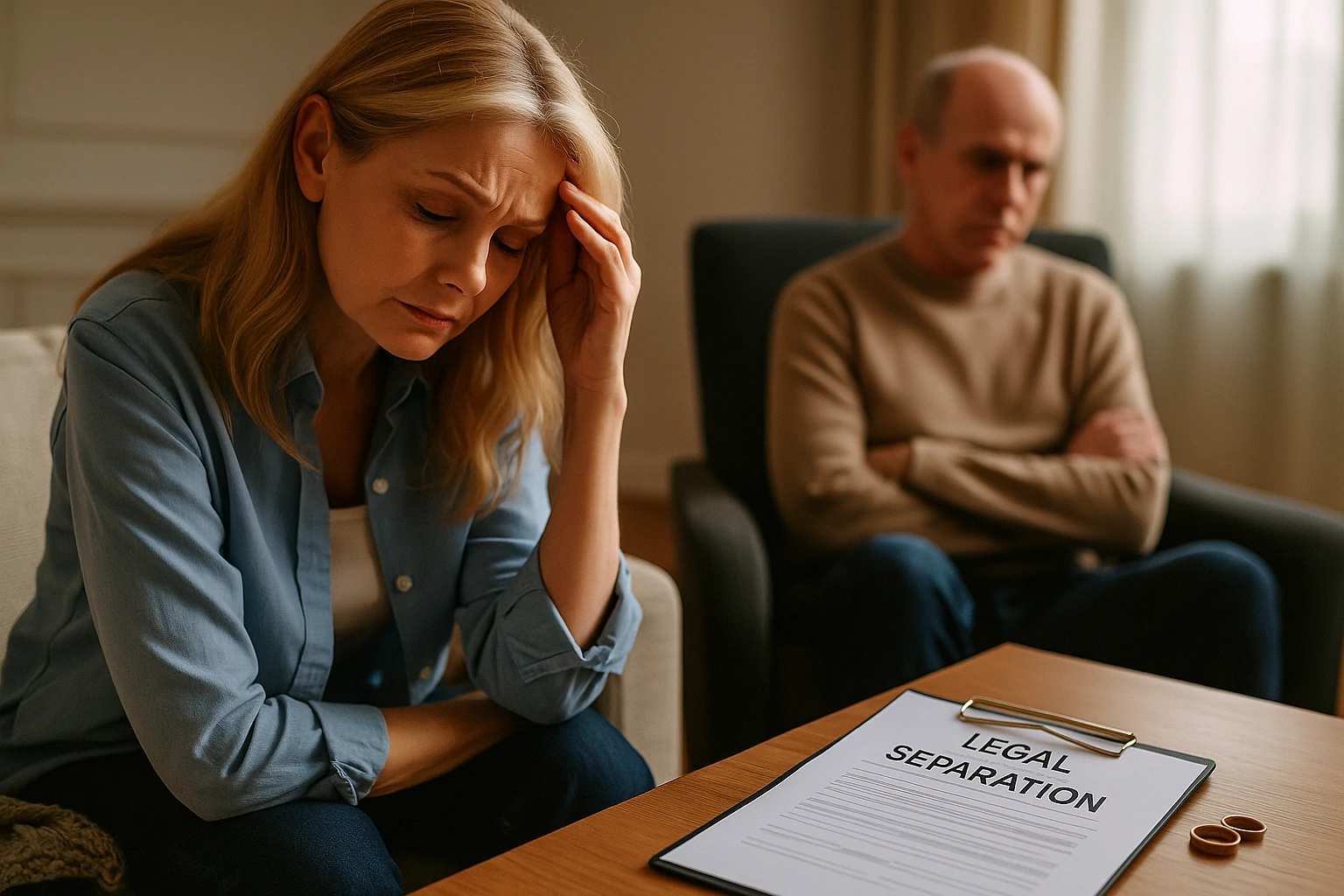 An older couple sitting across from each other at a kitchen table, both calm but distant, with separation papers between them.