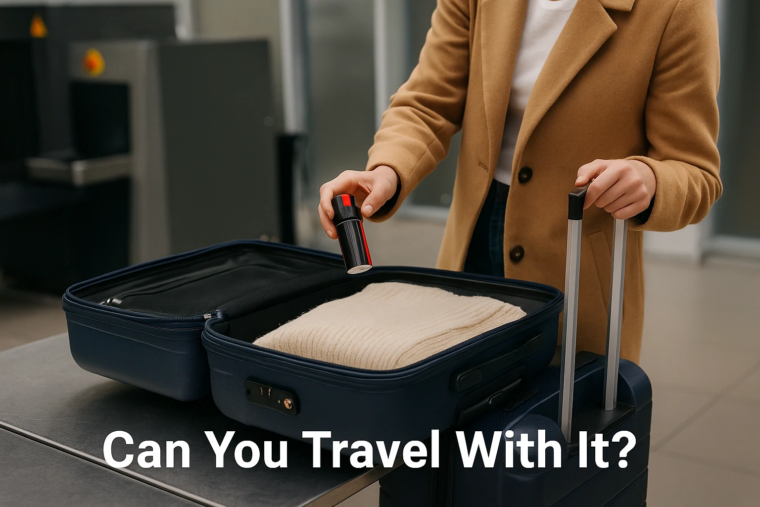 Person preparing for travel with pepper spray and luggage in an airport