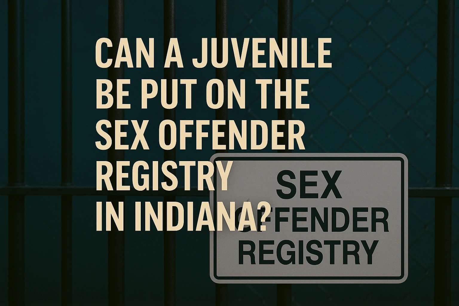 Sign reading “Sex Offender Registry” behind dark metal bars representing Indiana juvenile law.