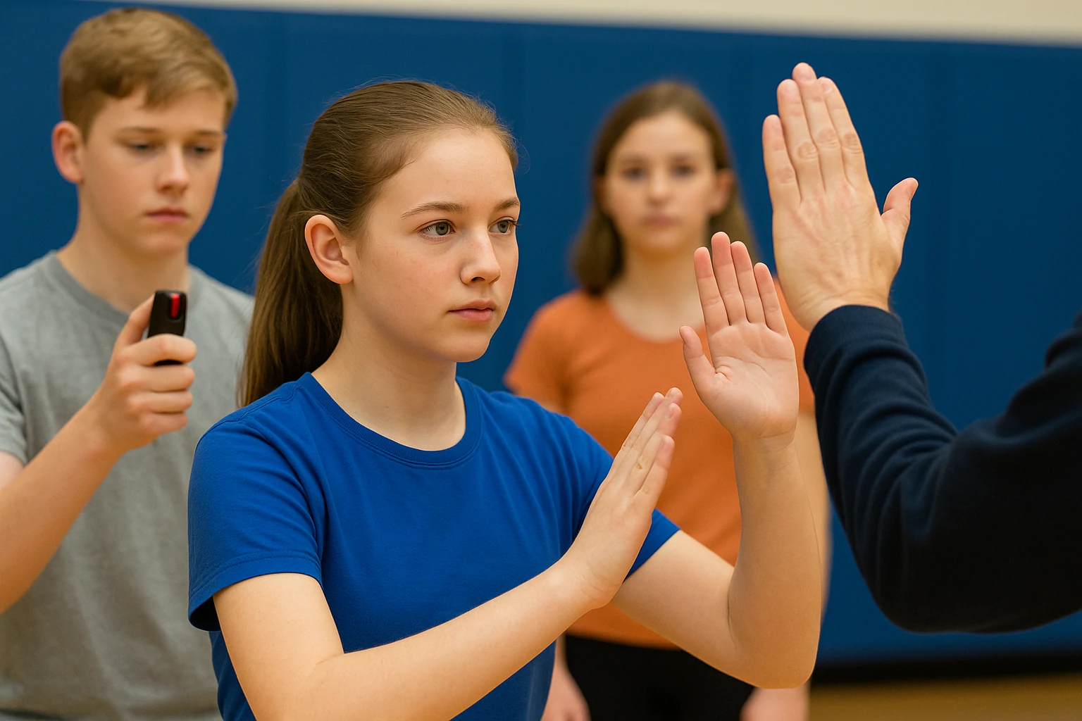 Three teenagers talking with a safety instructor in a park, discussing legal self-defense tools for minors in New York City.