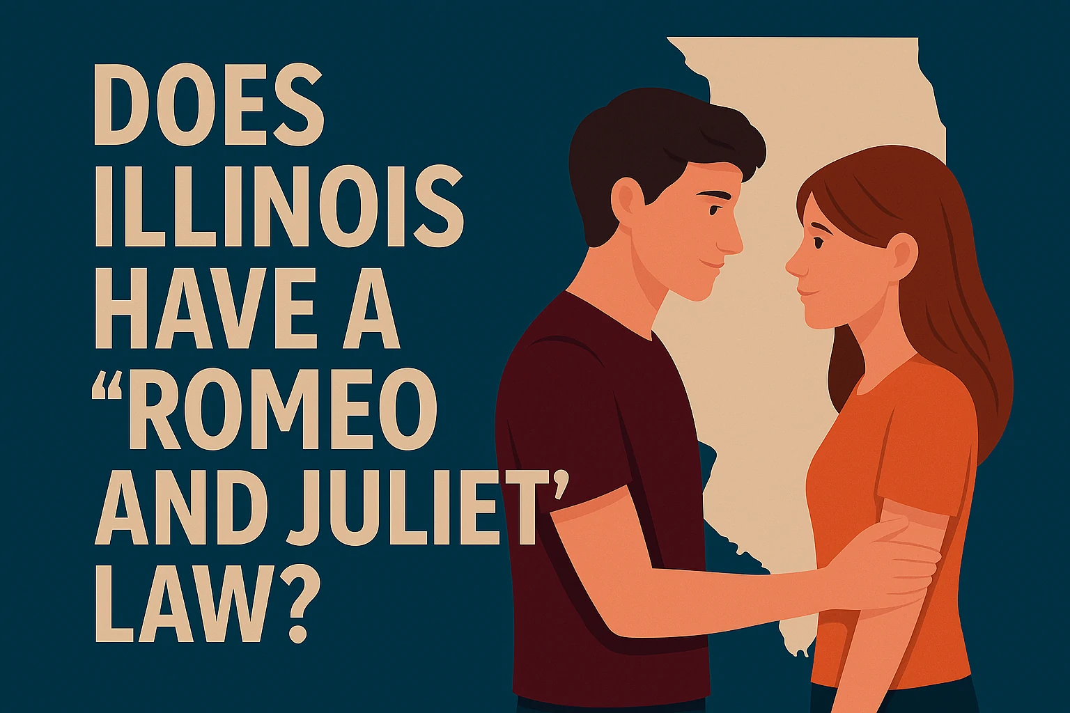 Modern legal illustration of Romeo and Juliet with Illinois state background