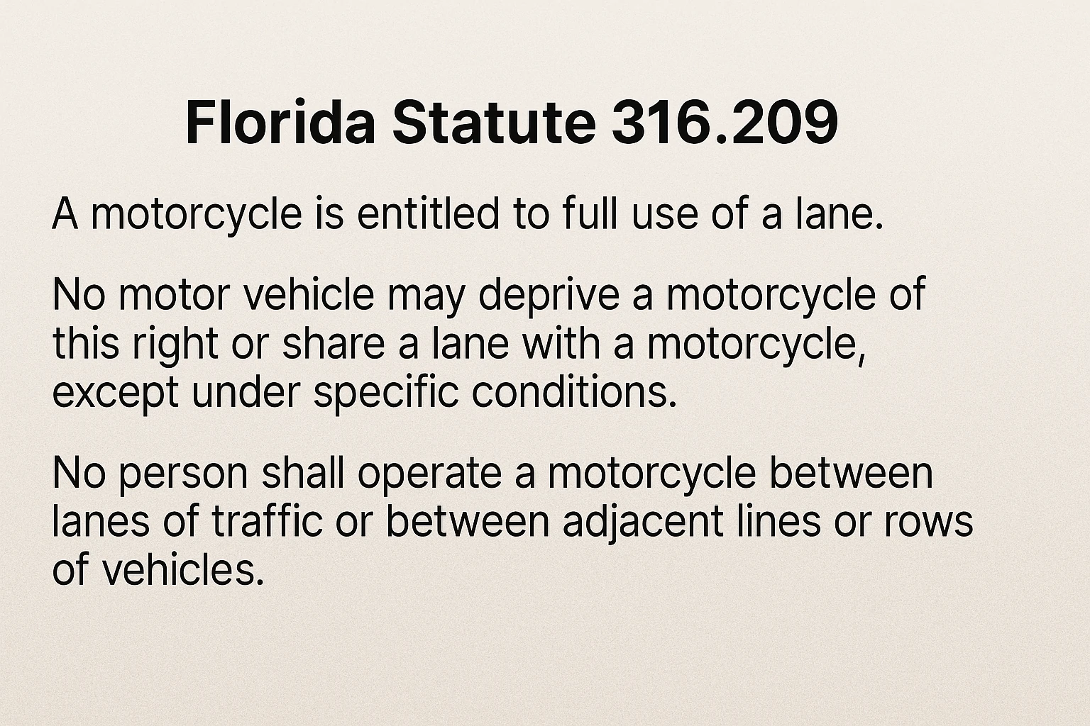 Close-up digital image showing key phrases from Florida Statute 316.209 about motorcycle lane use.