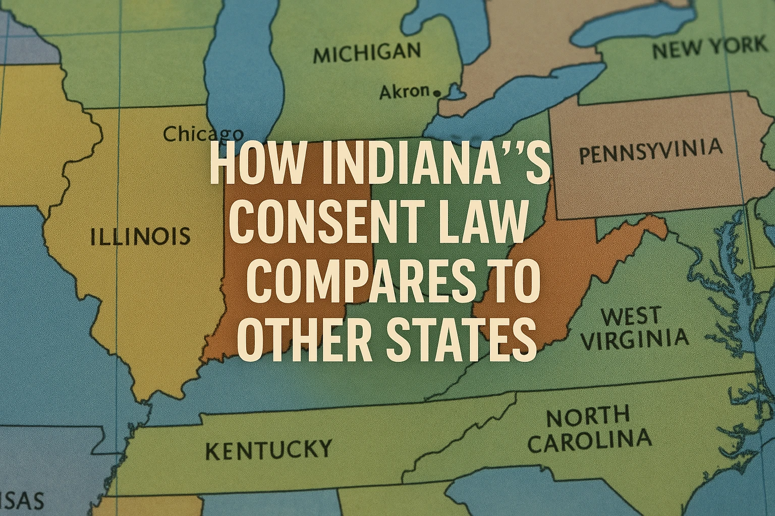 Map of the United States with Indiana highlighted in orange, showing comparison of consent laws across states.