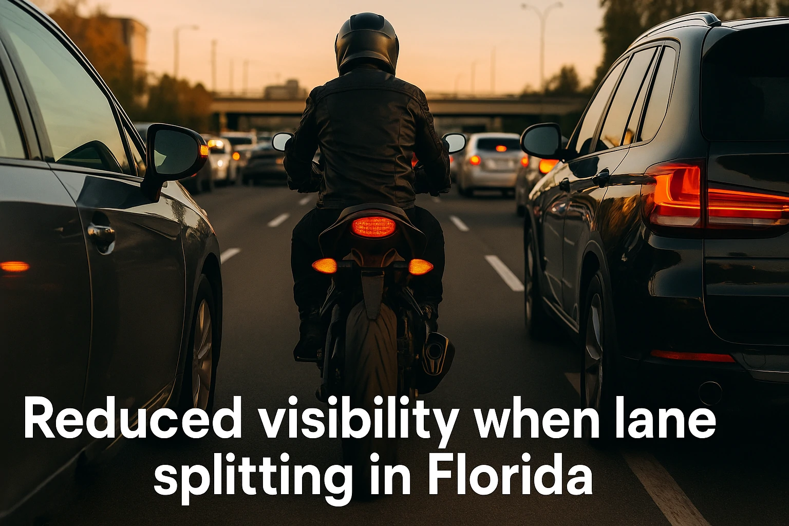 A motorcyclist rides between two cars on a busy Florida road, showing limited space and reduced visibility.