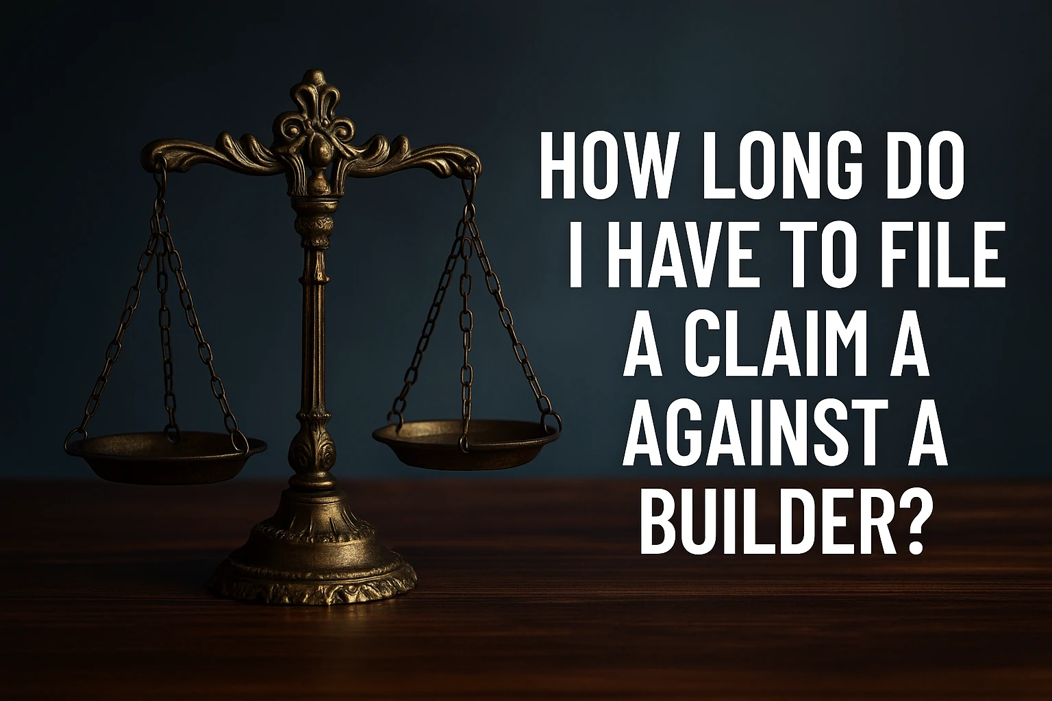 Antique brass balance scale on a wooden desk with contract papers, symbolizing legal time limits for filing construction claims