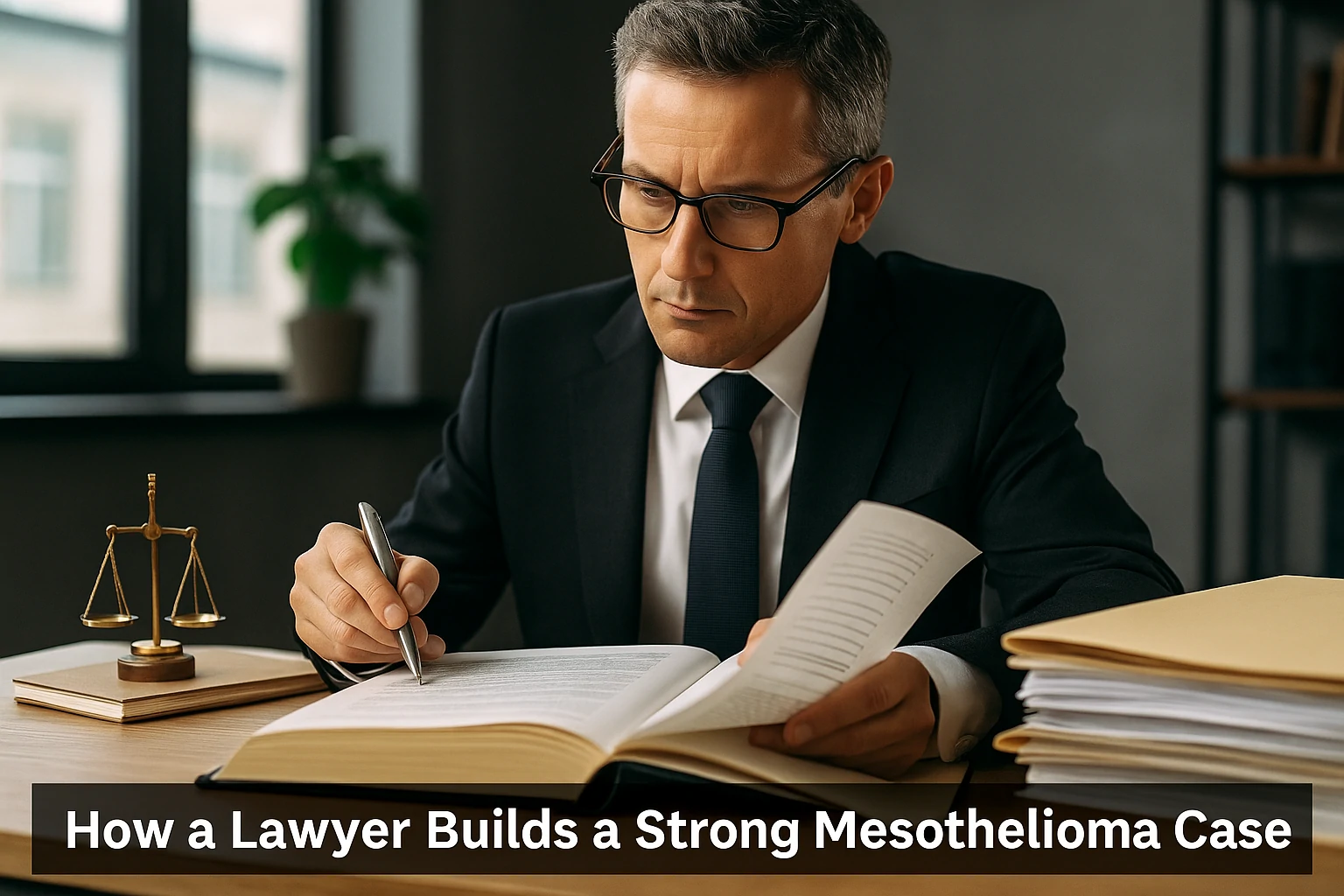 A professional lawyer in an office analyzing documents for a mesothelioma lawsuit