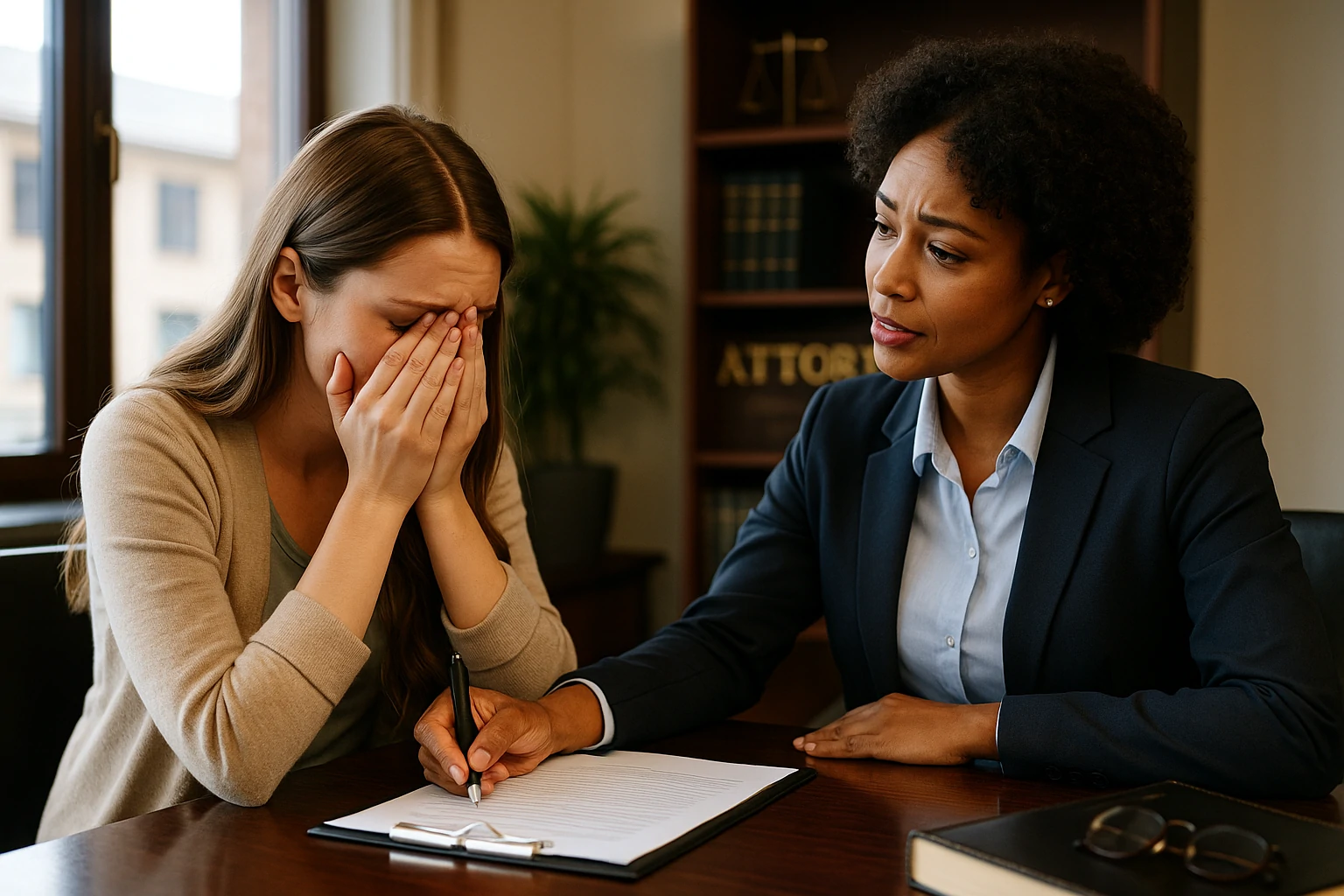 Legal advocate listens to a domestic violence survivor inside a quiet Daly City office.