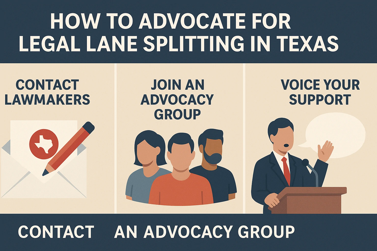 Illustration showing Texas motorcycle riders contacting lawmakers and signing petitions to support lane splitting legalization