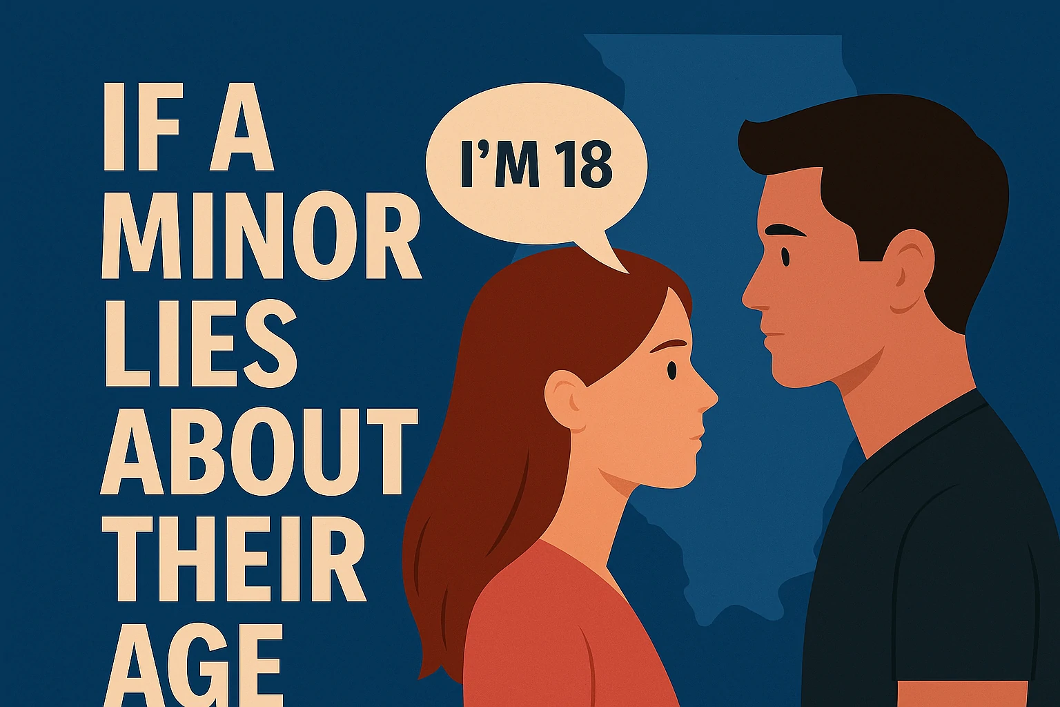 Flat-style illustration showing a girl saying "I'm 18" to a man, with the text “If a Minor Lies About Their Age”