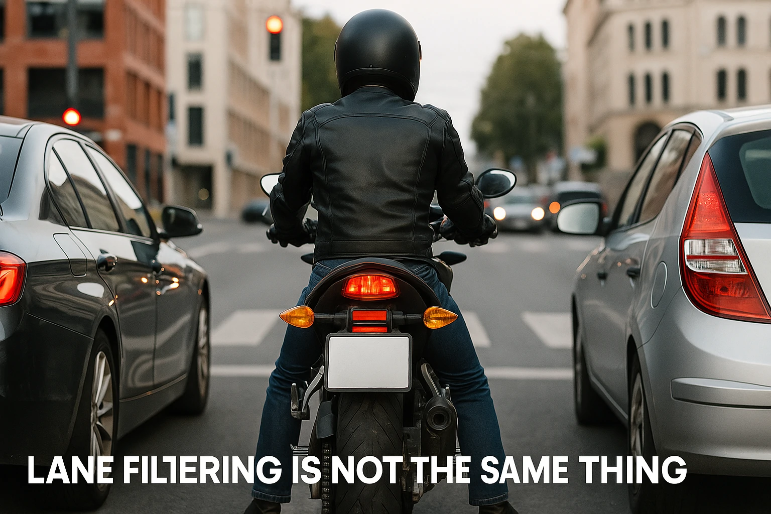 A motorcycle waits at a red light beside cars, showing the concept of lane filtering.