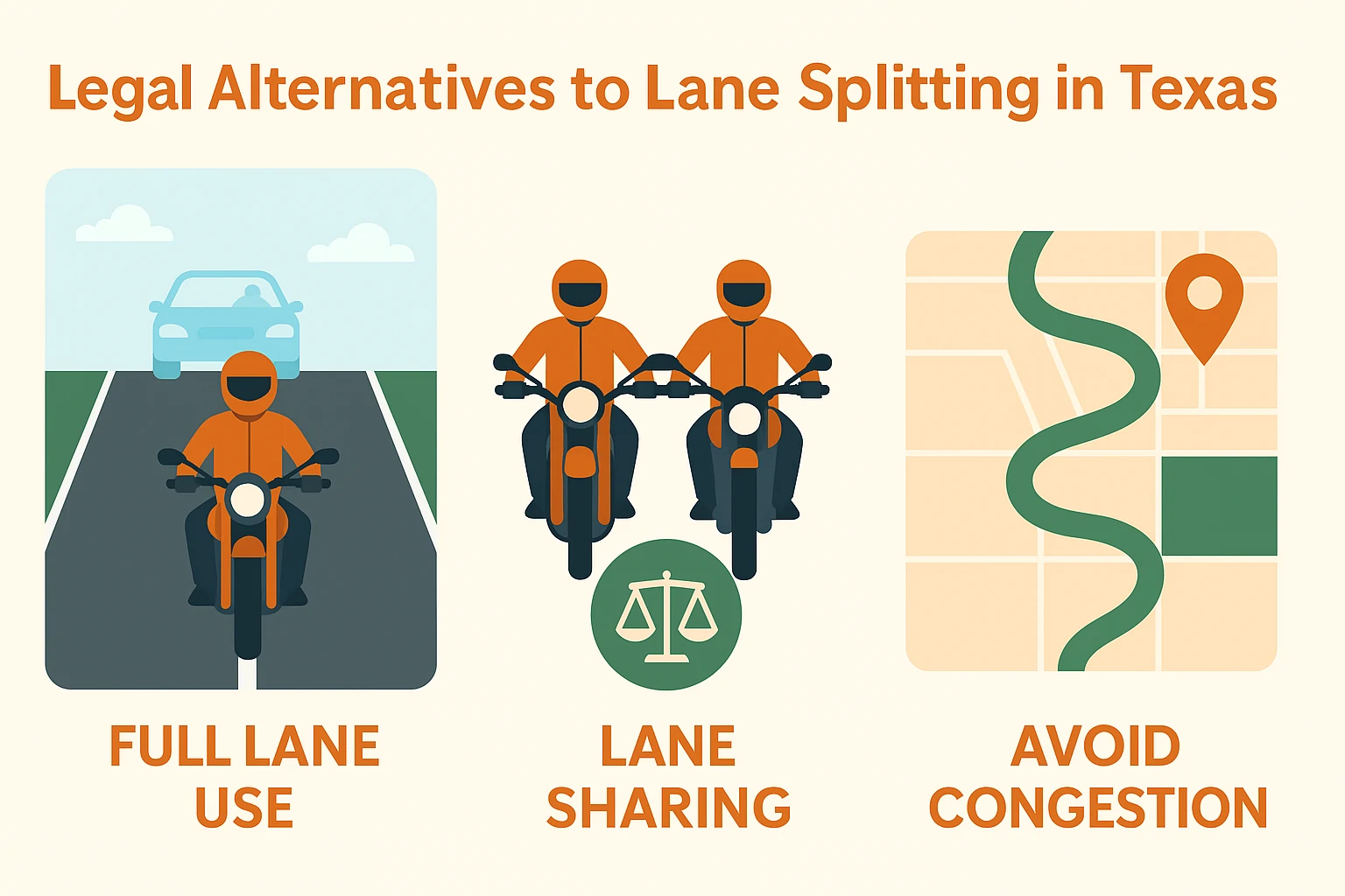 Infographic showing safe and legal alternatives to lane splitting for motorcycle riders in Texas, including shoulder riding and lane sharing