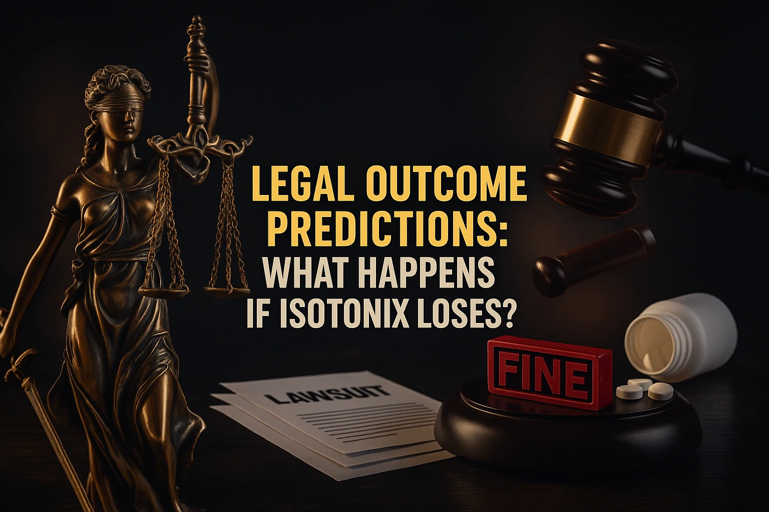 Legal-themed image with Lady Justice, gavel, lawsuit papers, and a “FINE” label symbolizing possible outcomes of the Isotonix lawsuit.