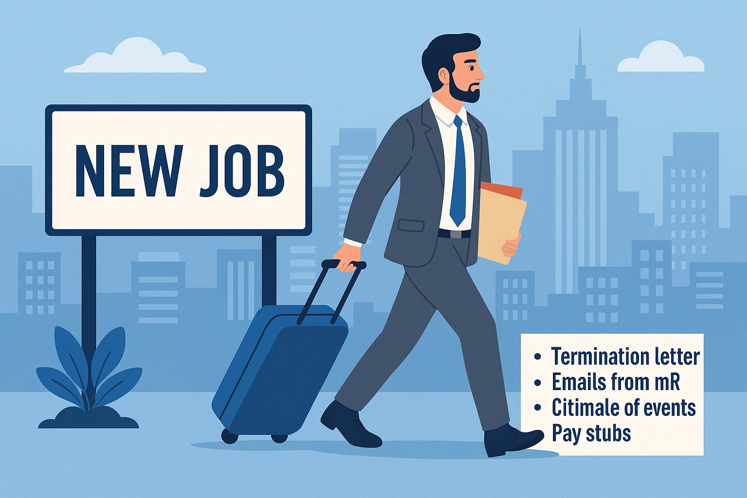 Illustration of a man in a suit walking with a suitcase and folder past a “NEW JOB” sign, symbolizing life after federal employment