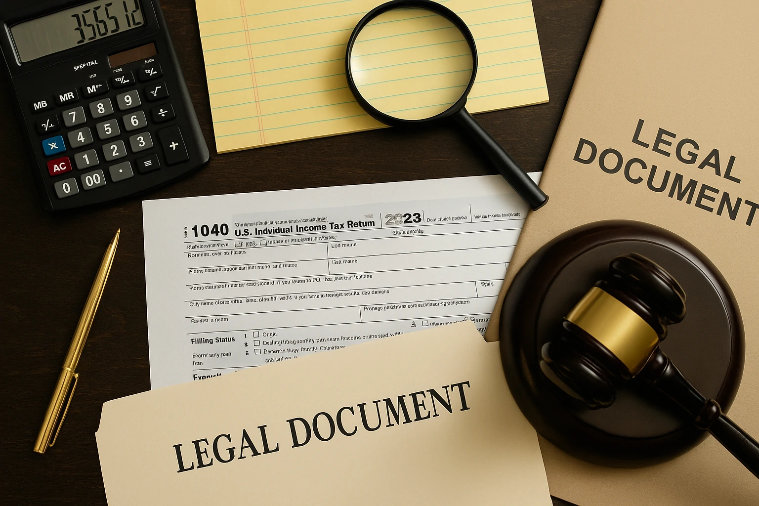 A table with tax forms, a calculator, glasses, and a legal document folder open beside a steaming cup of coffee.