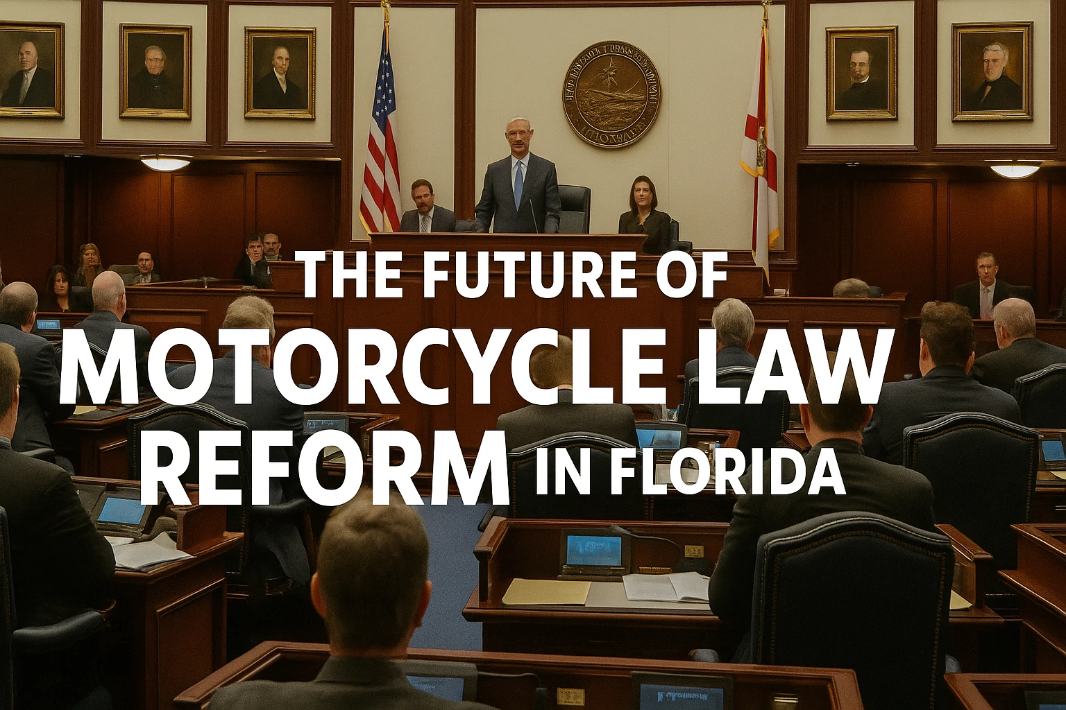 A Florida government building with an American flag and motorcycles parked in front, symbolizing legislative reform.