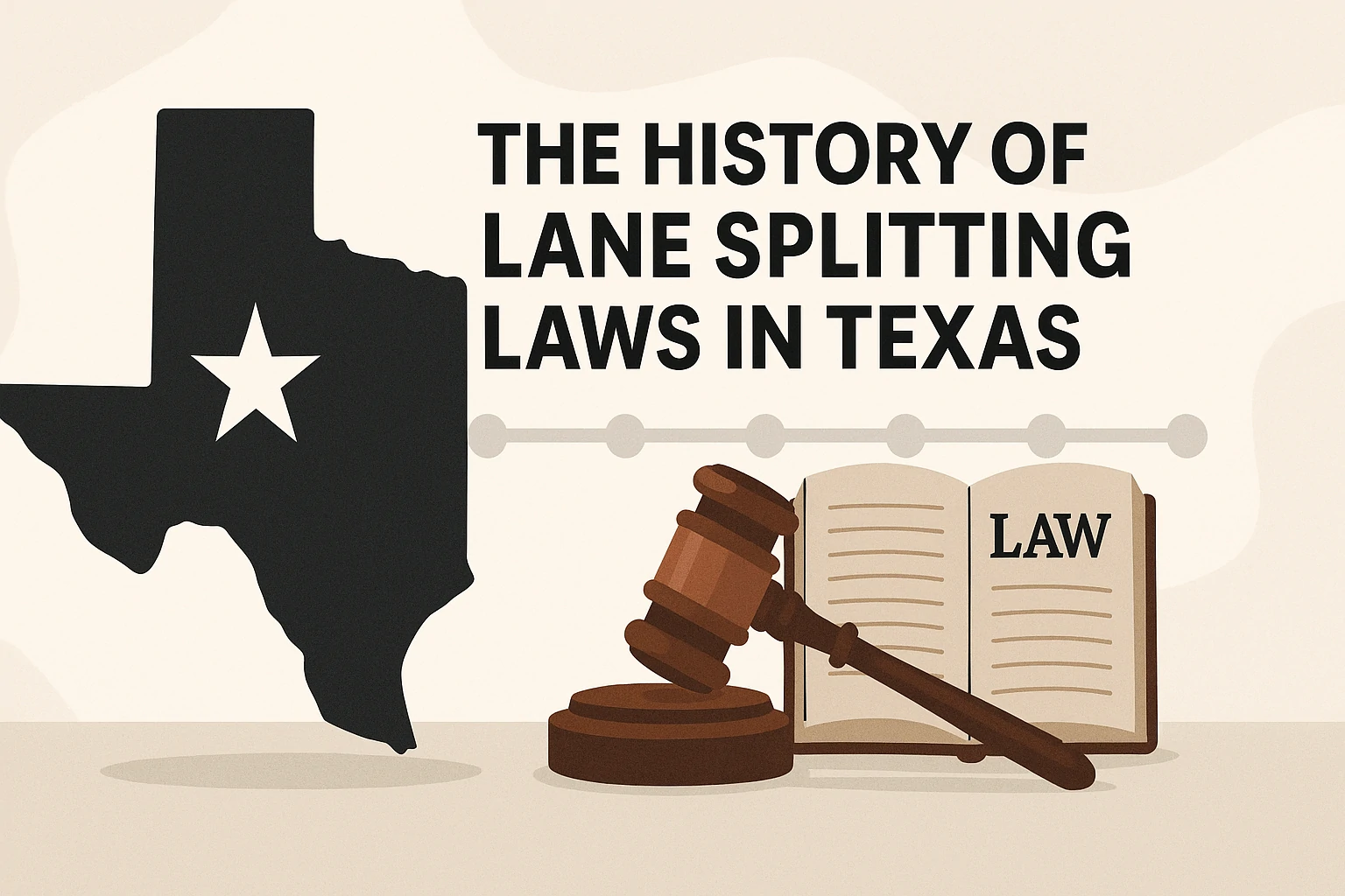 Illustration showing the historical timeline of lane splitting laws in Texas with motorcycles and legal icons
