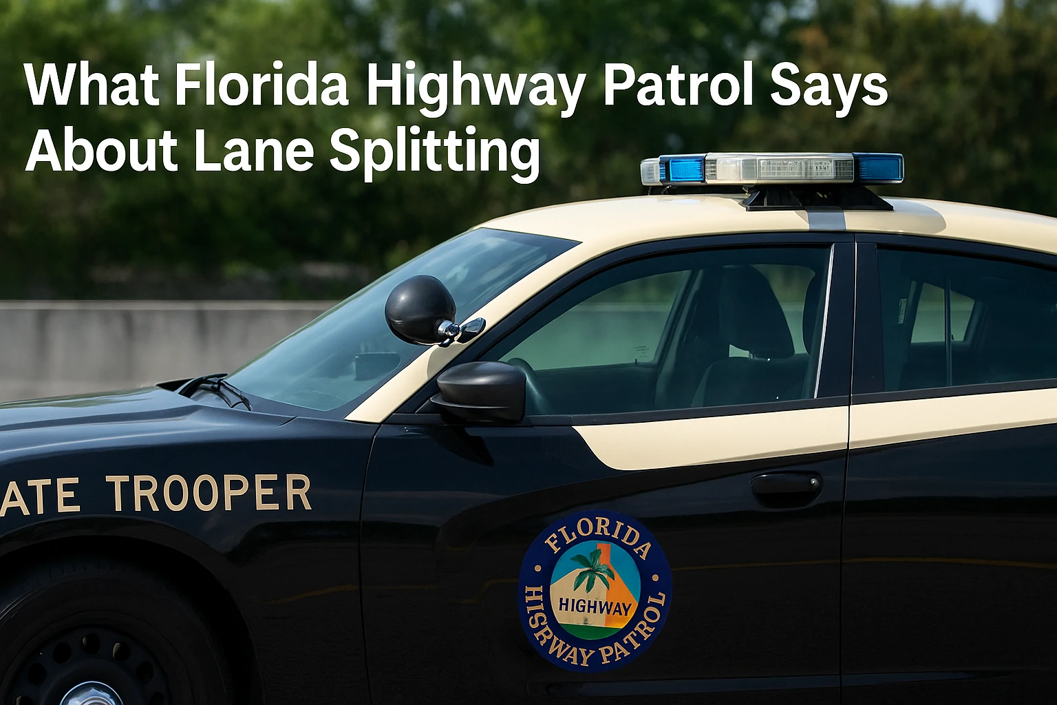 Florida Highway Patrol officer standing beside a patrol car on a sunny road, addressing motorcycle safety laws.
