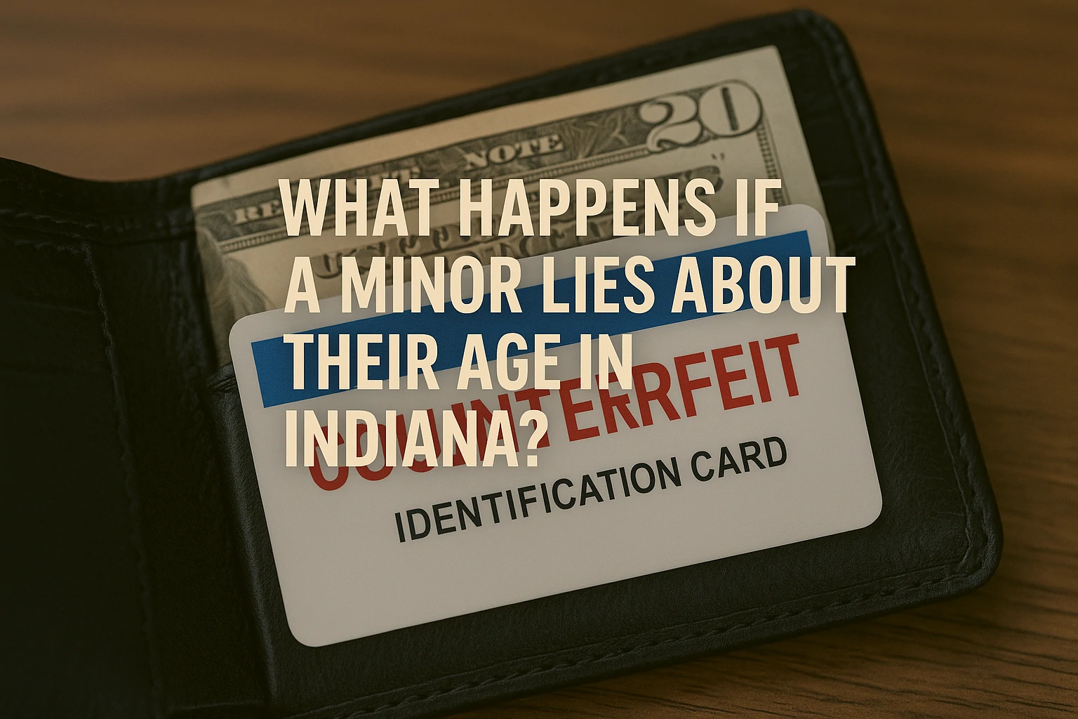 Wallet with fake ID and cash symbolizing a minor lying about their age under Indiana law.