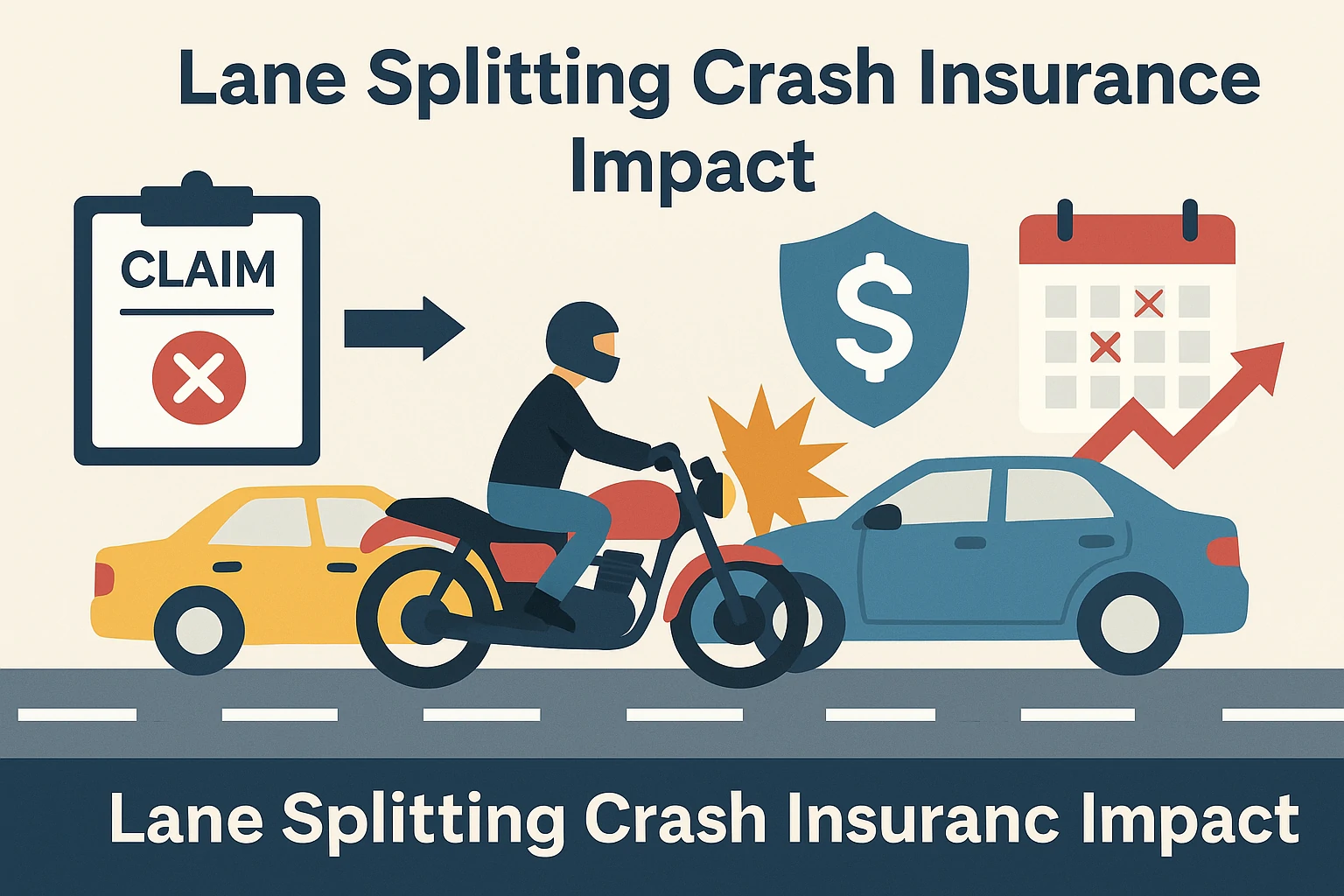 Illustration showing an insurance agent, a damaged motorcycle, and documents explaining policy changes after a lane splitting accident