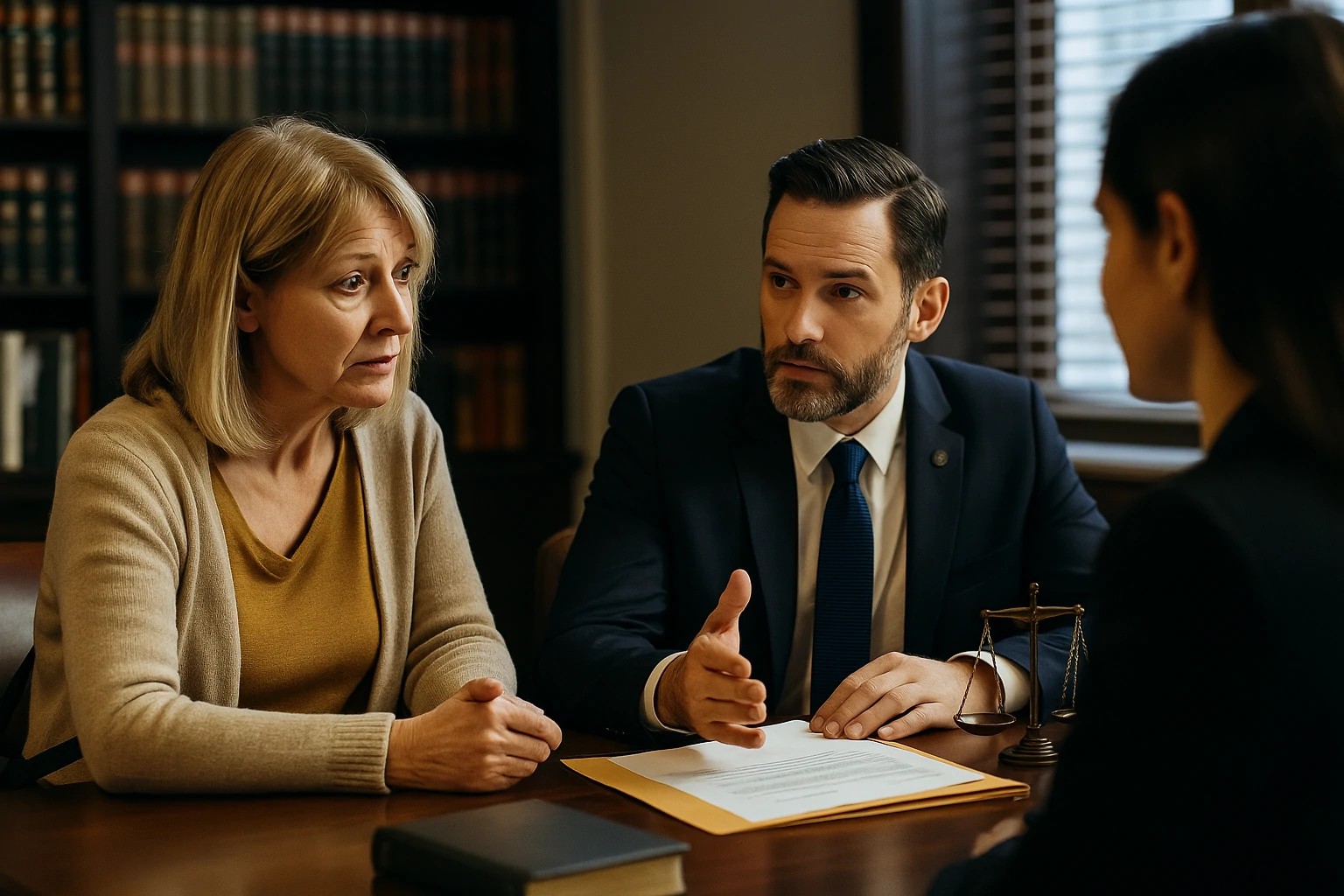 A thoughtful man discussing paperwork with his lawyer at a legal help center in Daly City