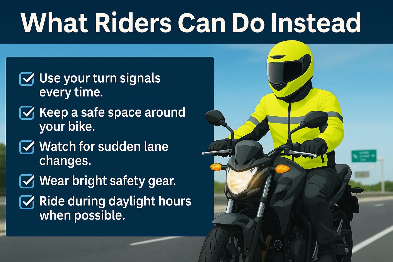 Infographic showing five safe motorcycle riding tips as alternatives to lane splitting, including turn signals, bright gear, space awareness, and more.