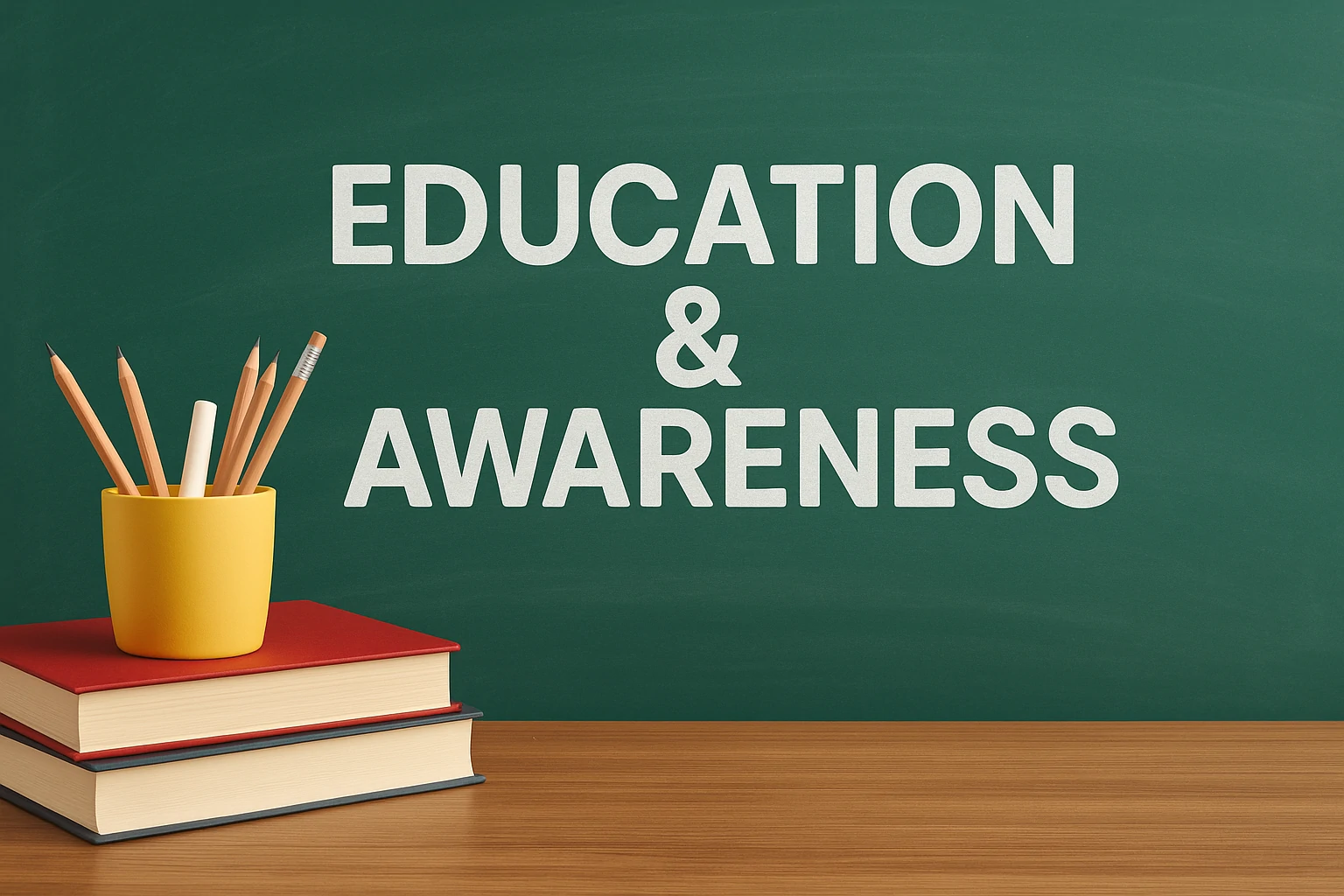 Chalkboard with books and pencils symbolizing consent education efforts.