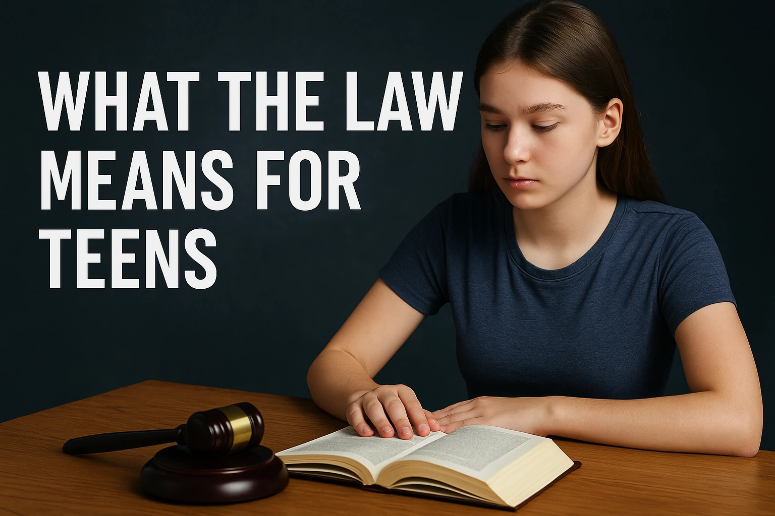 Teen girl reading a law book beside a gavel, symbolizing youth learning about legal rights.