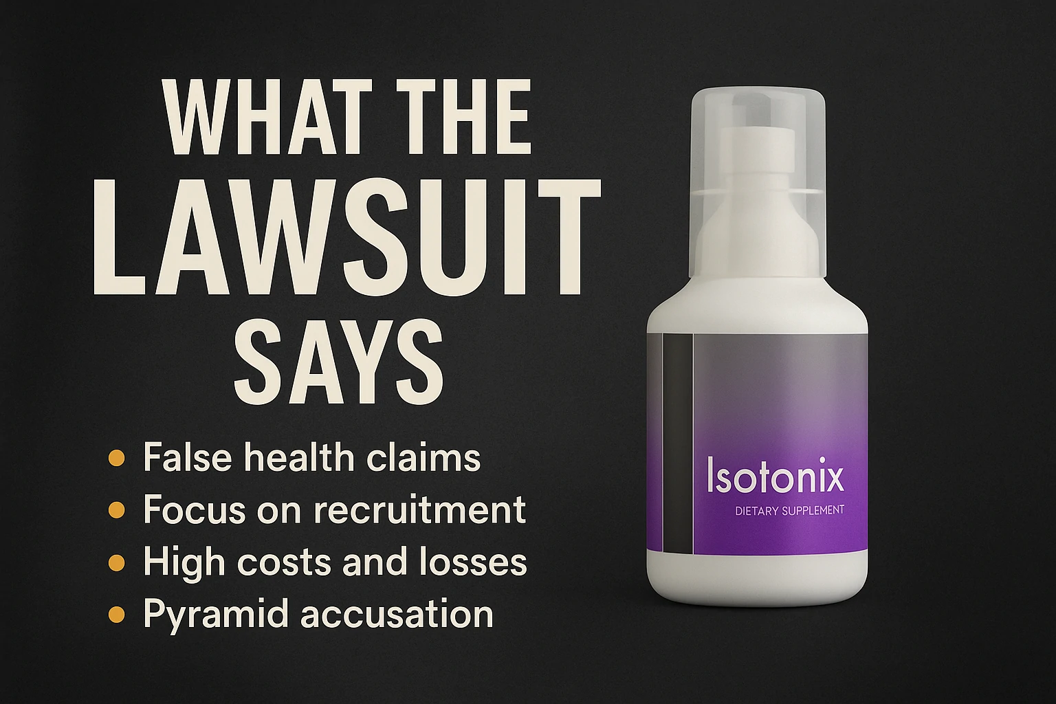 Legal papers and a gavel beside an Isotonix supplement bottle on a courtroom table.