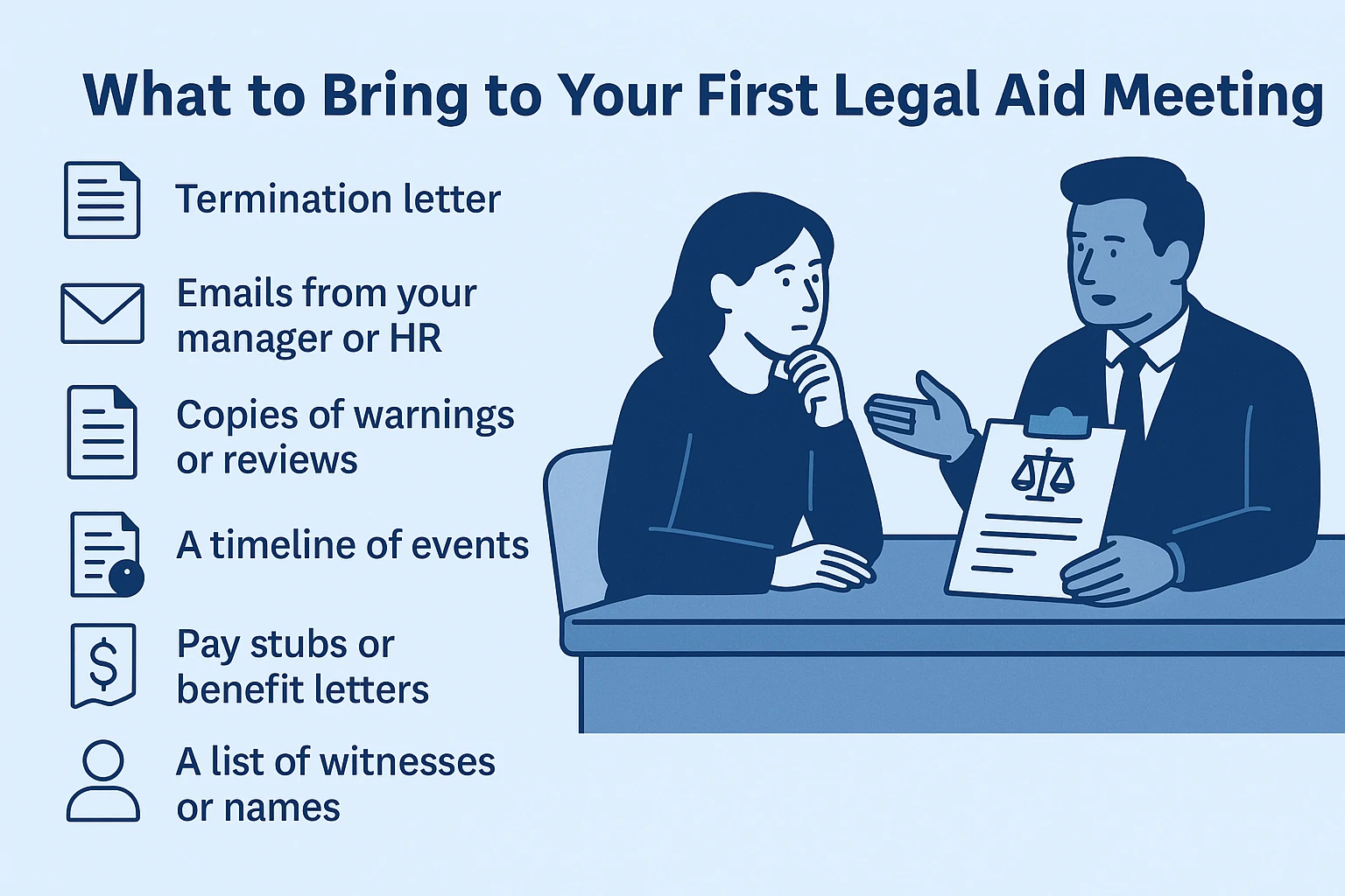 Infographic showing a client and lawyer with a checklist of items to bring to a legal aid meeting, including documents and evidence