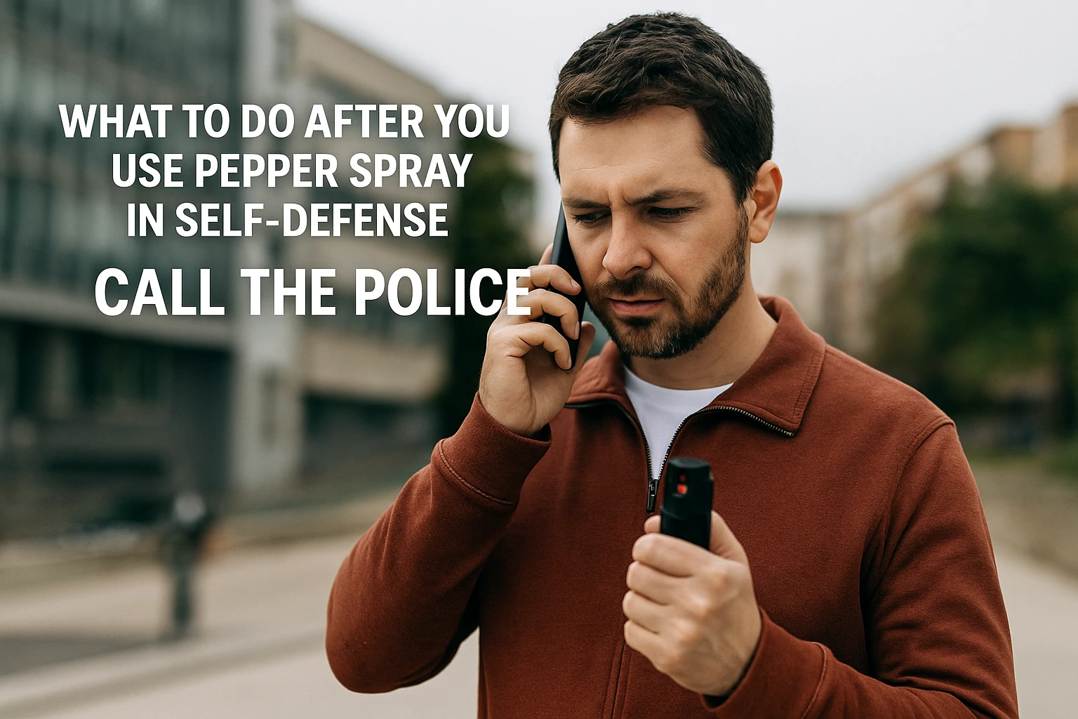 A realistic scene showing a person calling 911 after using pepper spray in self-defense, with an officer approaching in the background.