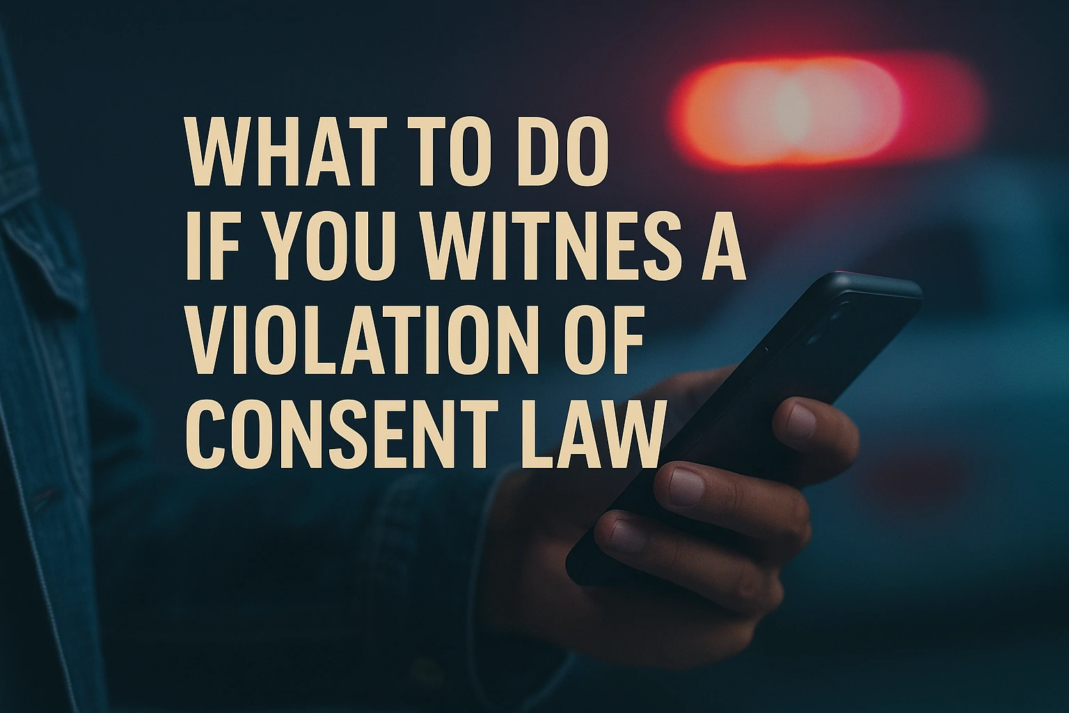 Person holding a phone with police lights in the background, symbolizing reporting a consent law violation.