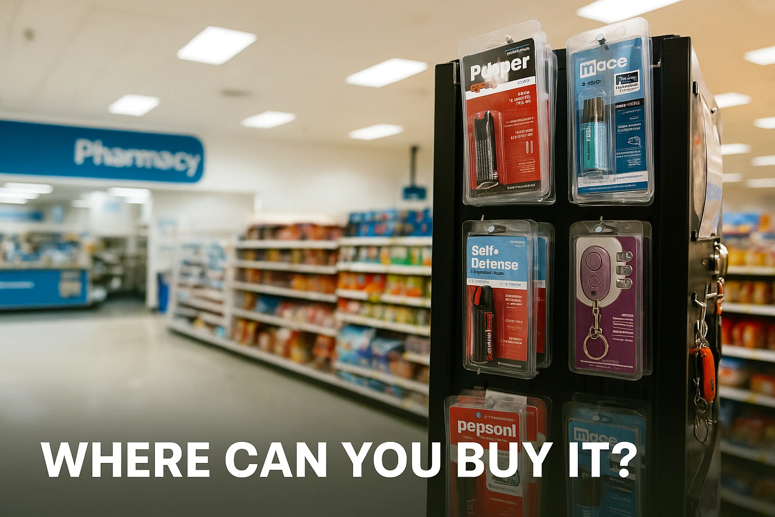 Retail shelf displaying legal pepper spray products inside a pharmacy in New York.