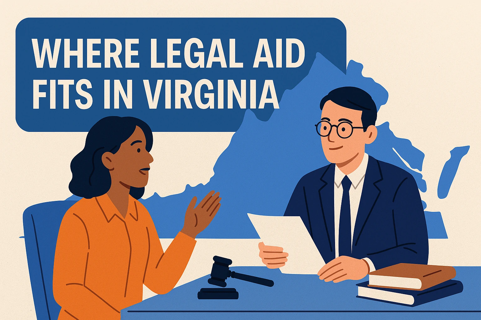 Illustration of a woman speaking with a lawyer in front of a blue Virginia map, with the text “Where Legal Aid Fits in Virginia”