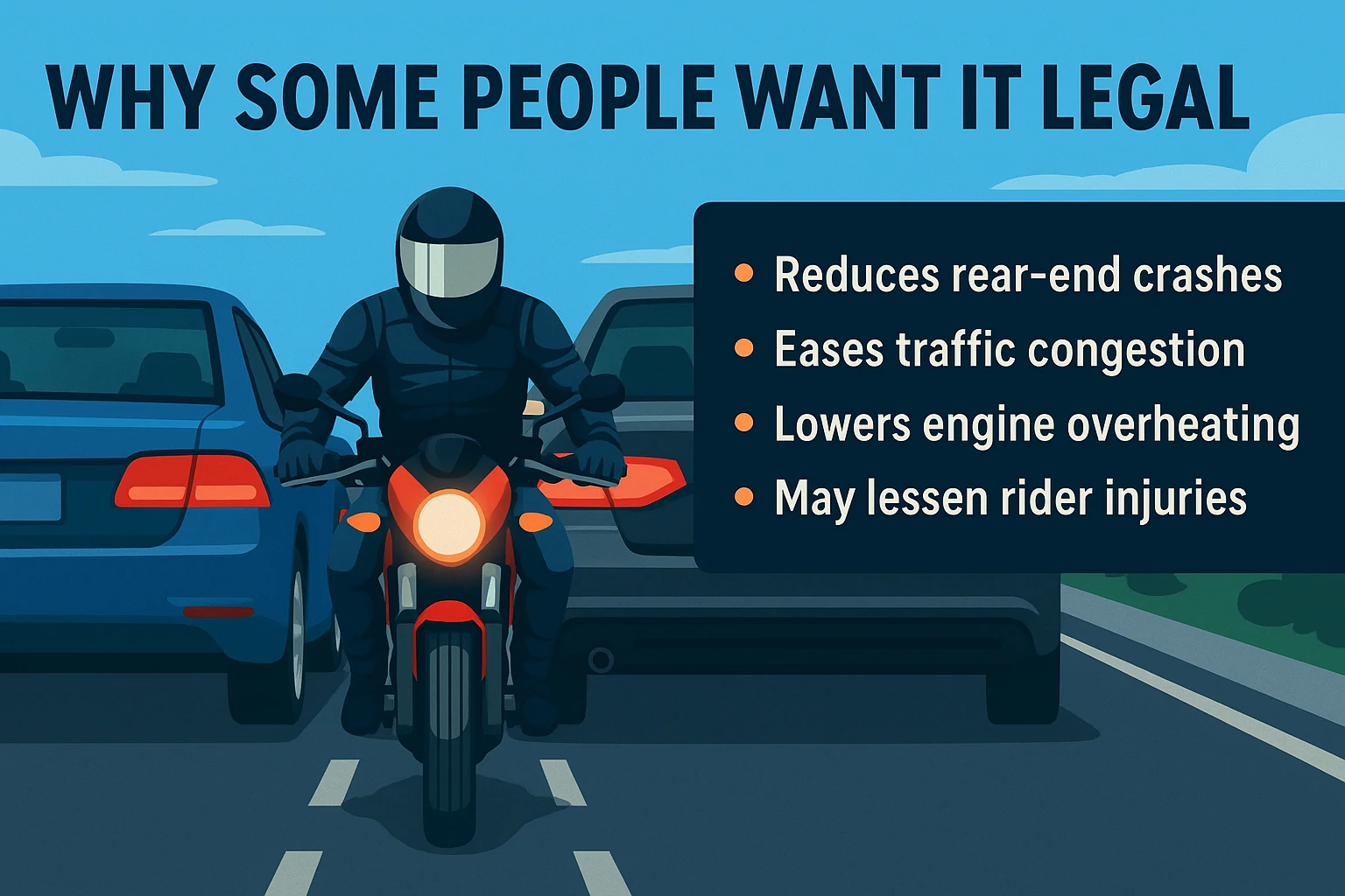 A graphic advocating legalizing lane splitting for motorcycles in Florida, showing motorcyclists holding signs near a city road.