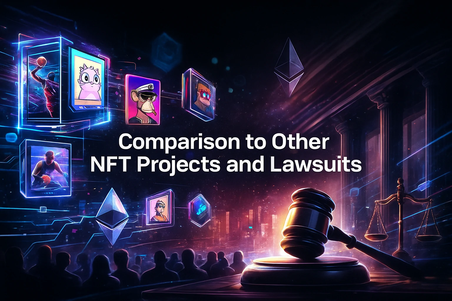 NFT icons like Bored Ape, CryptoKitties, and NBA cards linked to a gavel with blockchain chains and legal symbols