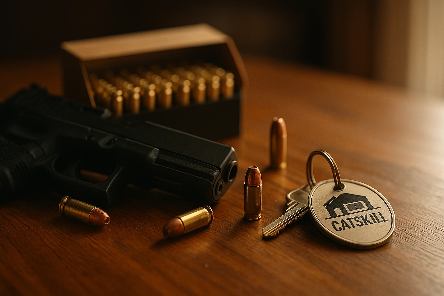 Black handgun placed safely on a table inside a Catskill home, symbolizing home defense.
