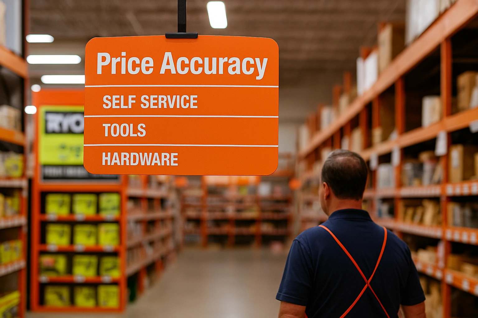Home Depot aisle with a bright orange “Price Accuracy” sign and an employee in uniform walking through the tool section