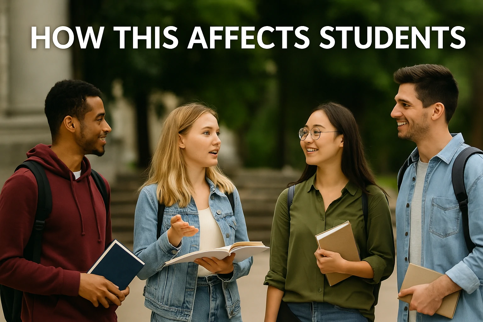 Diverse group of college students talking outside a university building.