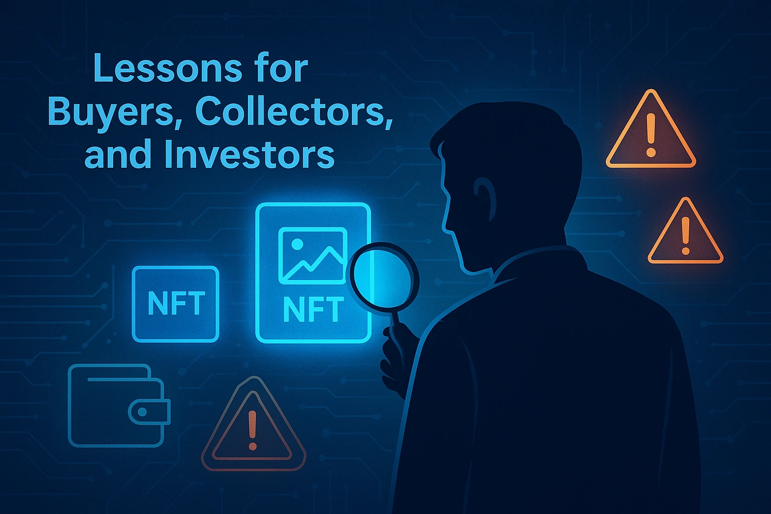Silhouette of a man inspecting NFT icons with warning signs and blockchain lines in the background