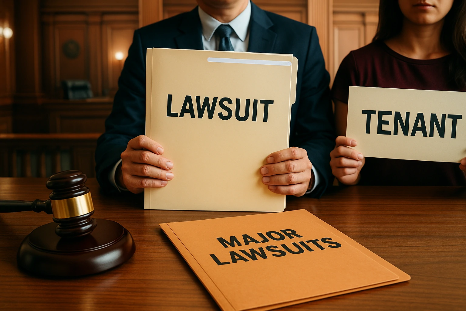 Gavel and folders marked “Lawsuit” and “Tenant” in a courtroom setting