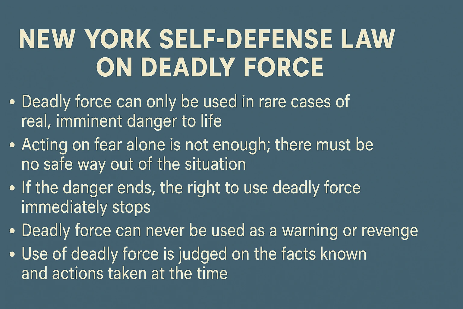 Visual breakdown of New York's deadly force self-defense laws with courtroom and home defense elements
