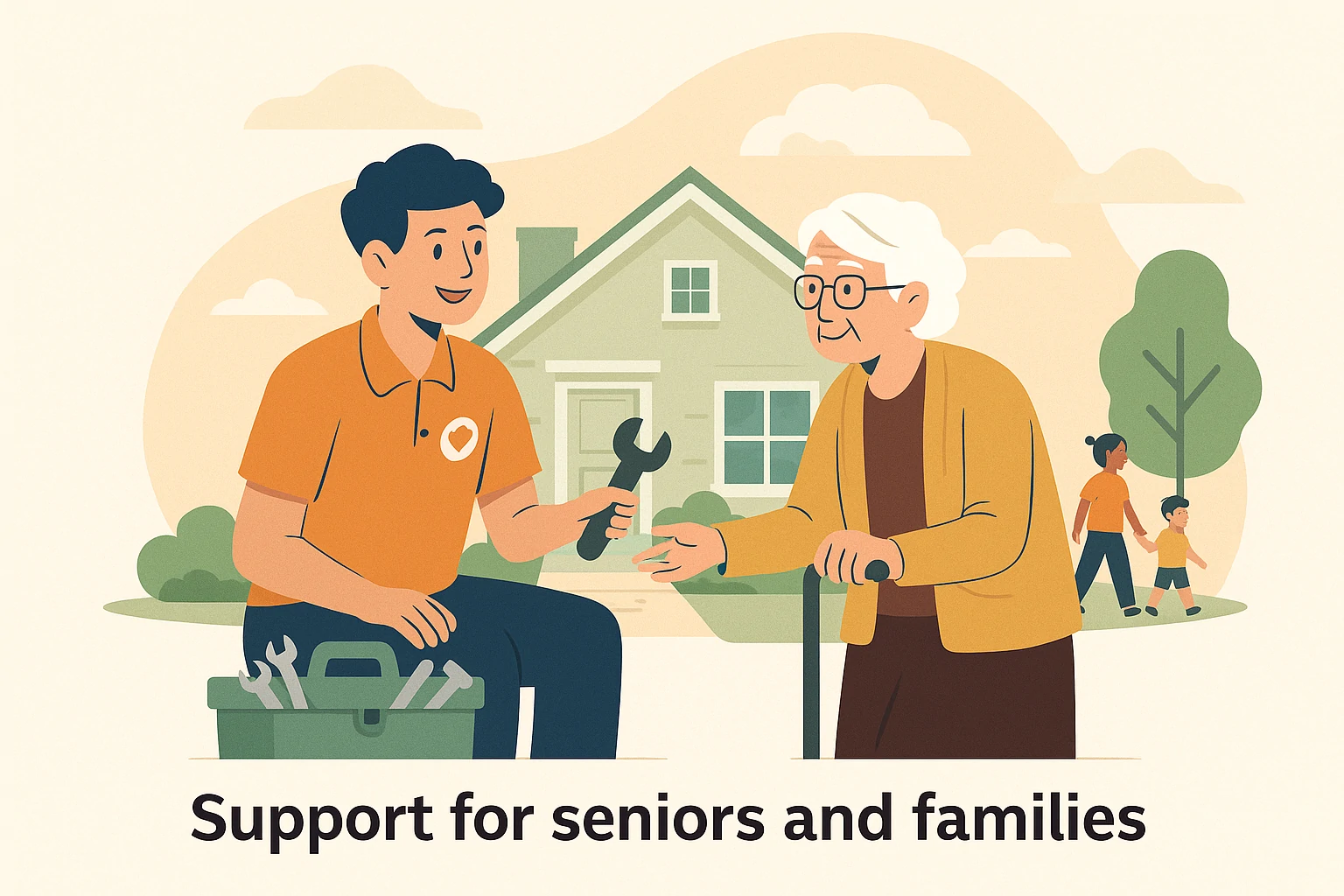 Friendly local volunteer offering support to an elderly woman in a cozy Northbrook home environment