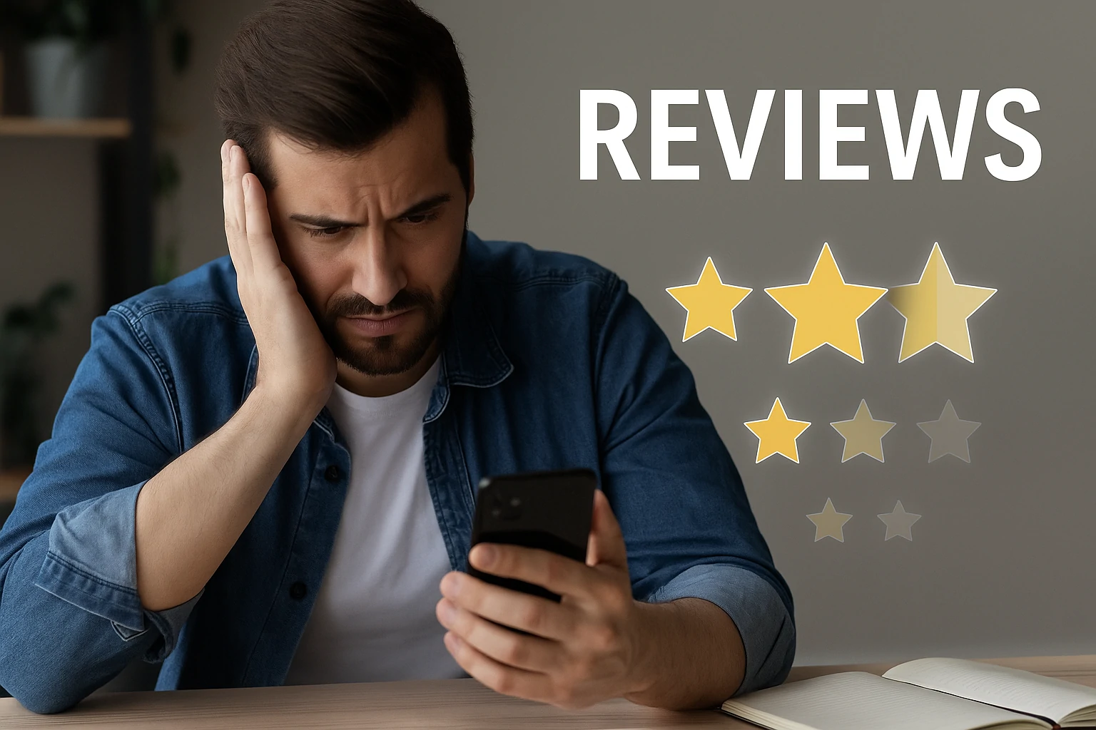Concerned man checks phone reviews with low star ratings in soft light
