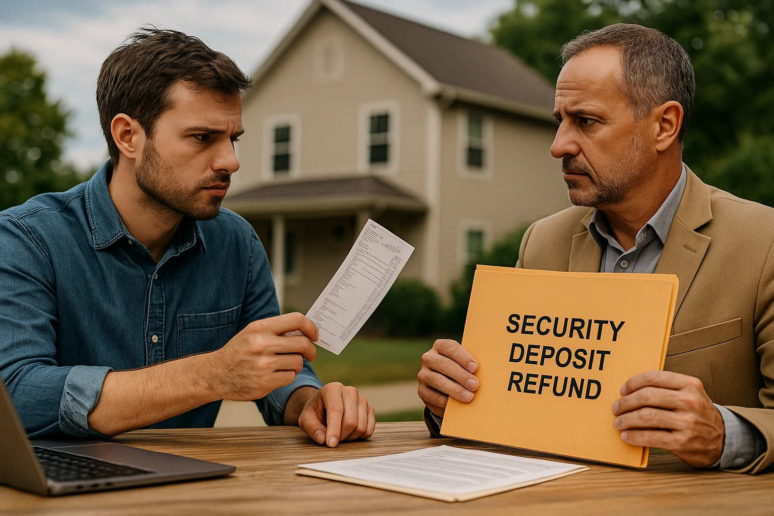 Tenant and landlord in serious discussion holding receipt and refund folder outside rental home