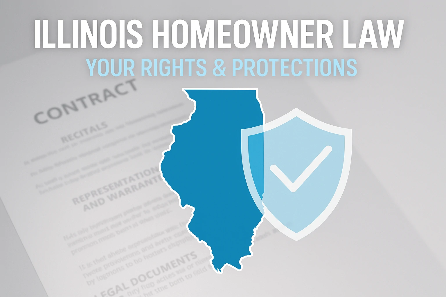 Modern Illinois home with state law icons and a family in front, symbolizing legal support for homeowners