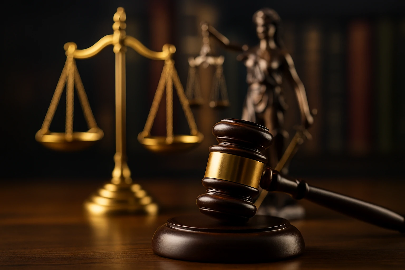 gavel and justice scales with warm lighting in a courtroom setting.